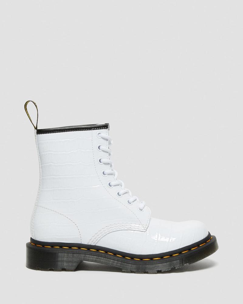 White Women's Dr Martens 1460 Patent Croc Emboss Leather Ankle Boots | CA 19ZUT